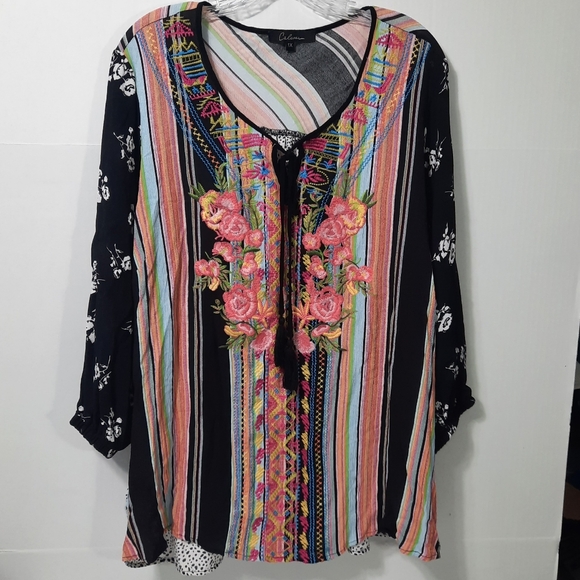 Calessa Boho Floral Embroidered Stripe Tunic Shirt Size 1X Black Pink - Picture 1 of 12
